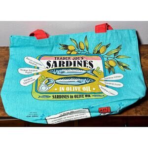 Trader Joe's Market Tote Bag Blue Shopping Sardines Reusable Retro RETIRED NEW